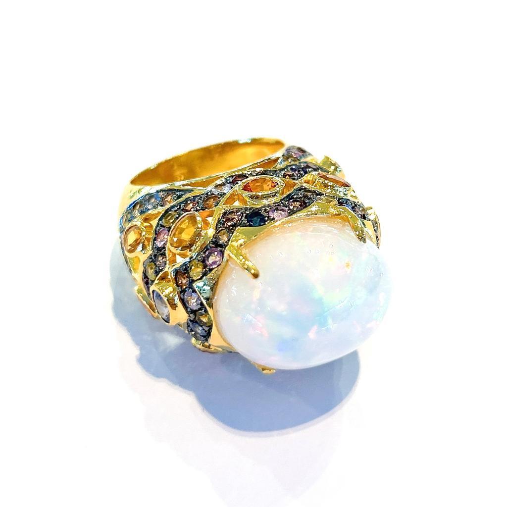 Baroque Bochic “Capri” Natural White Opal & Sapphires Ring Set in 18K Gold & Silver  For Sale
