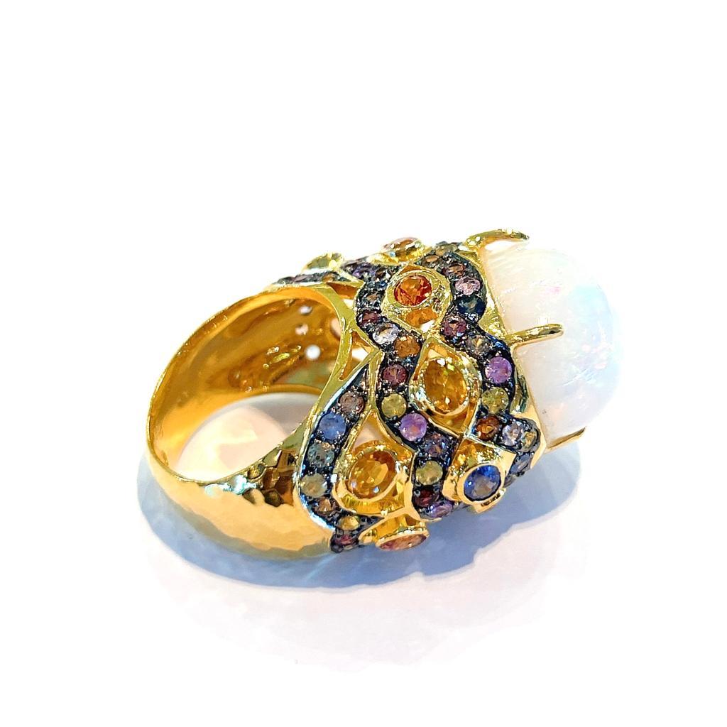 Brilliant Cut Bochic “Capri” Natural White Opal & Sapphires Ring Set in 18K Gold & Silver  For Sale