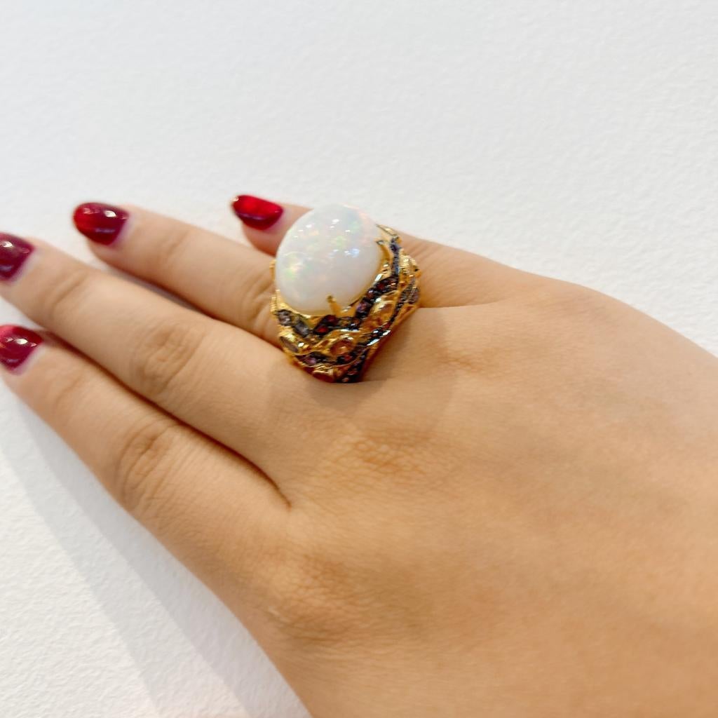 Women's Bochic “Capri” Natural White Opal & Sapphires Ring Set in 18K Gold & Silver  For Sale