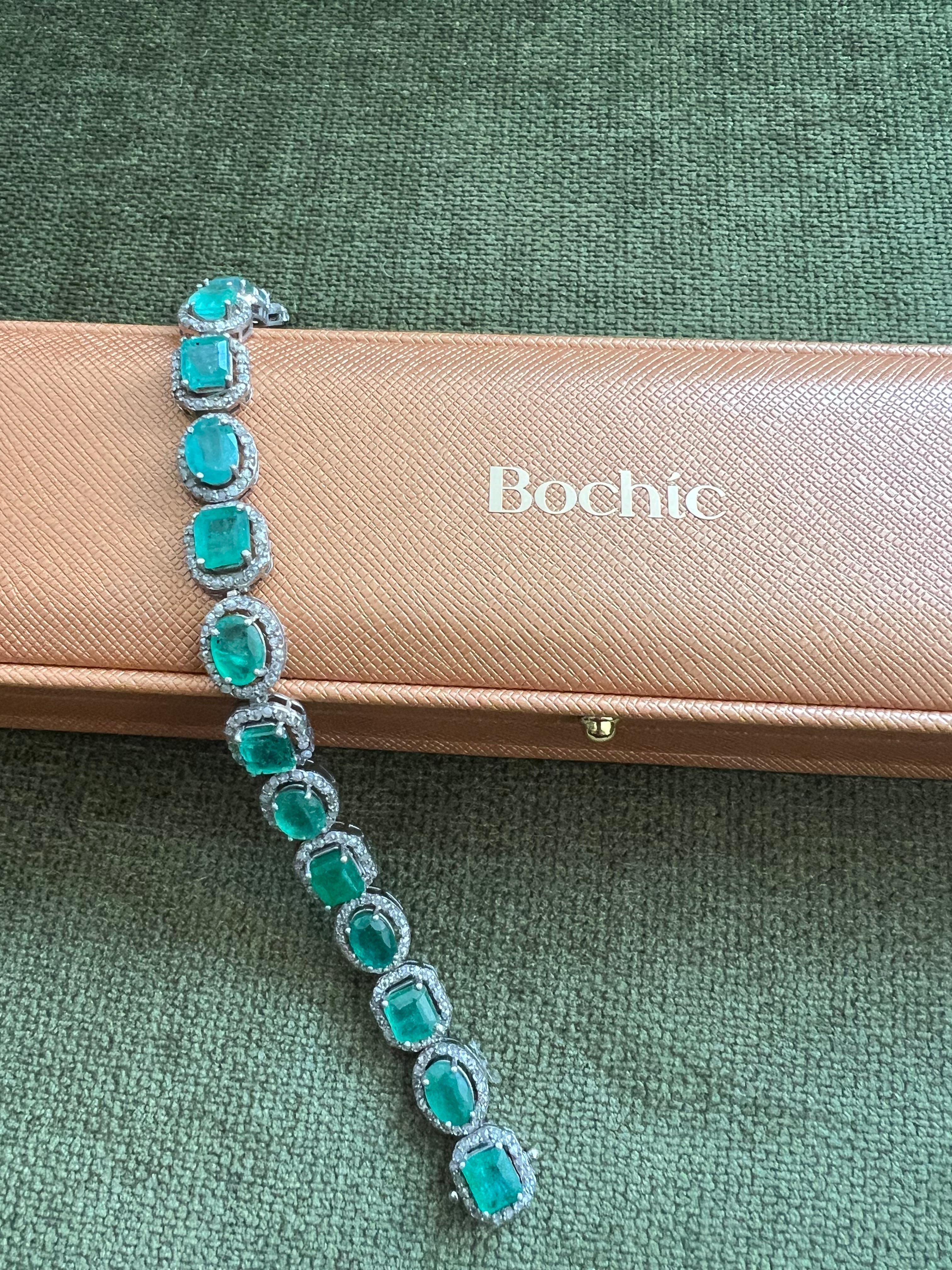 Bochic “Capri” Natural Zambian Emerald & Diamond Bracelet Set 18K Gold & Silver en vente 4