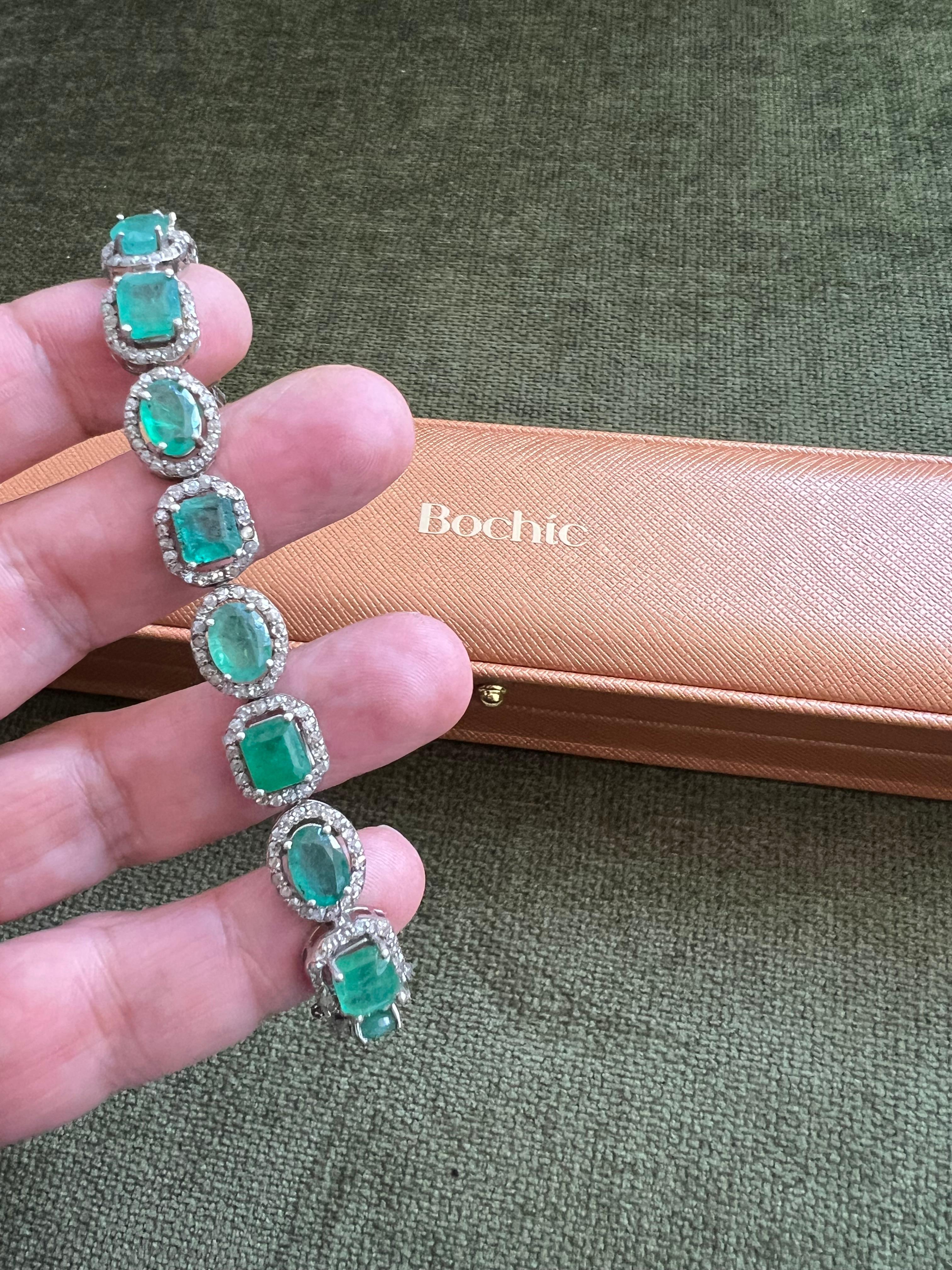 Bochic “Capri” Natural Zambian Emerald & Diamond Bracelet Set 18K Gold & Silver en vente 5