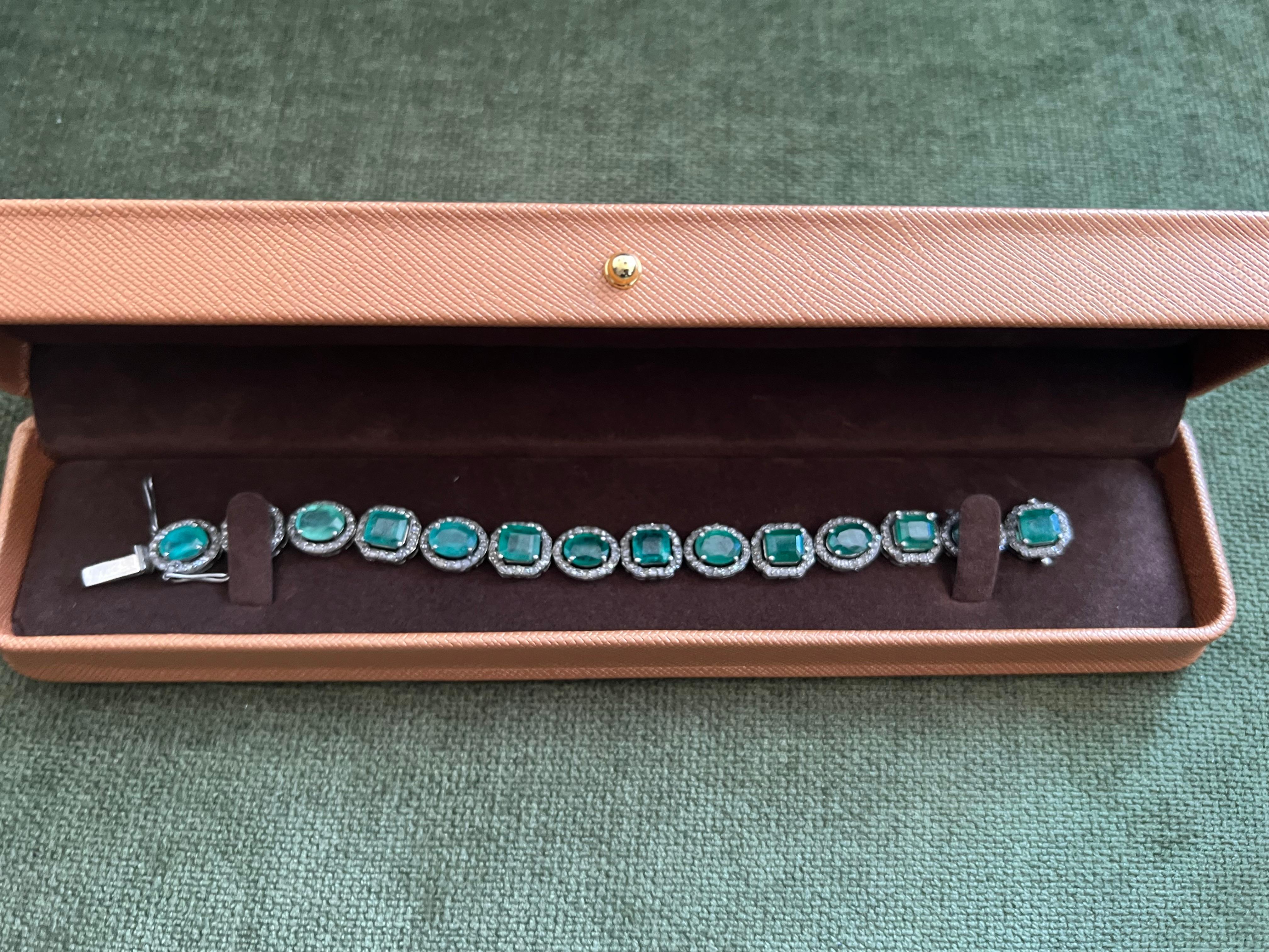 Bochic “Capri” Natural Zambian Emerald & Diamond Bracelet Set 18K Gold & Silver en vente 6