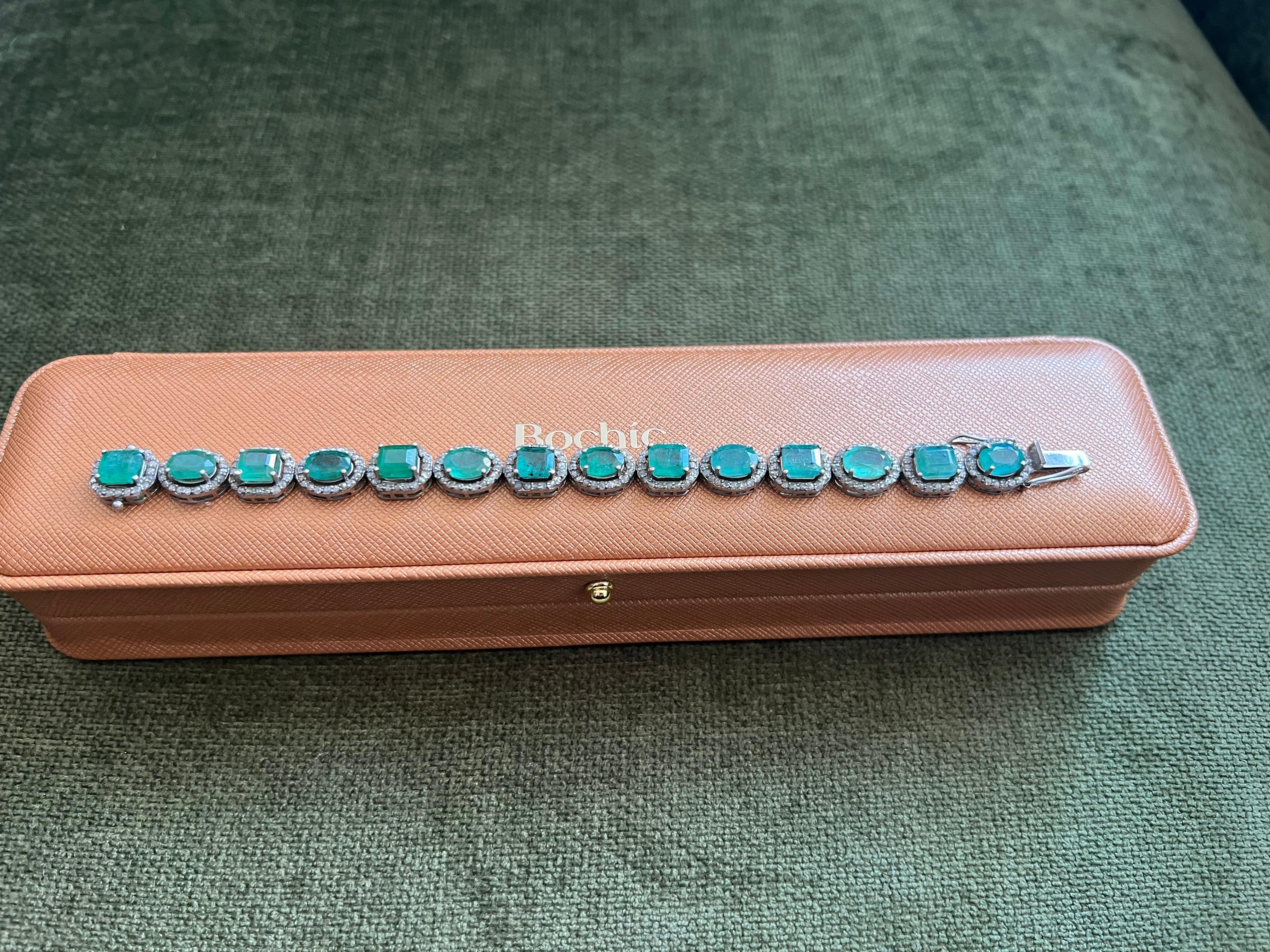 Art déco Bochic “Capri” Natural Zambian Emerald & Diamond Bracelet Set 18K Gold & Silver en vente