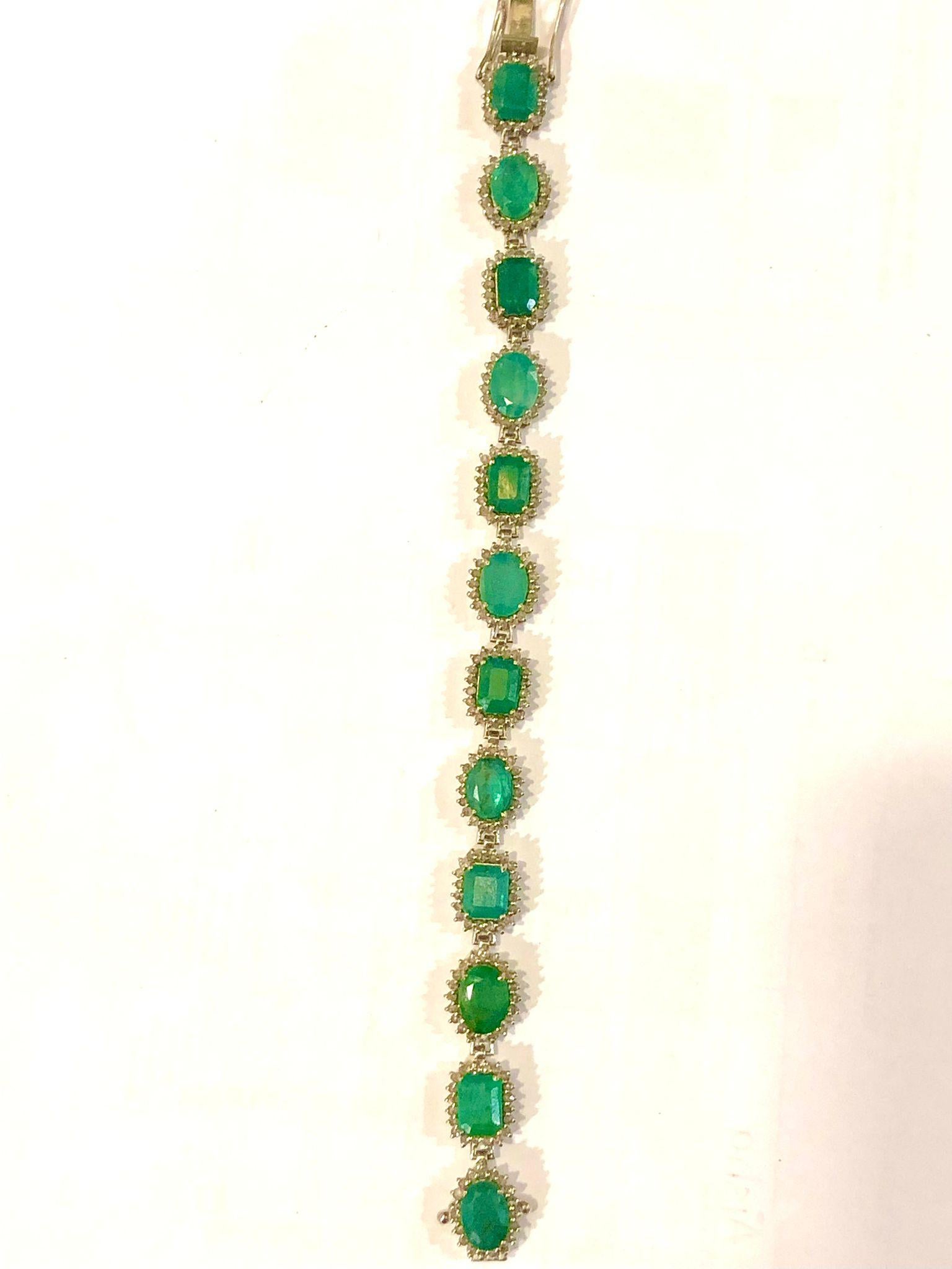 Taille émeraude Bochic “Capri” Natural Zambian Emerald & Diamond Bracelet Set 18K Gold & Silver en vente