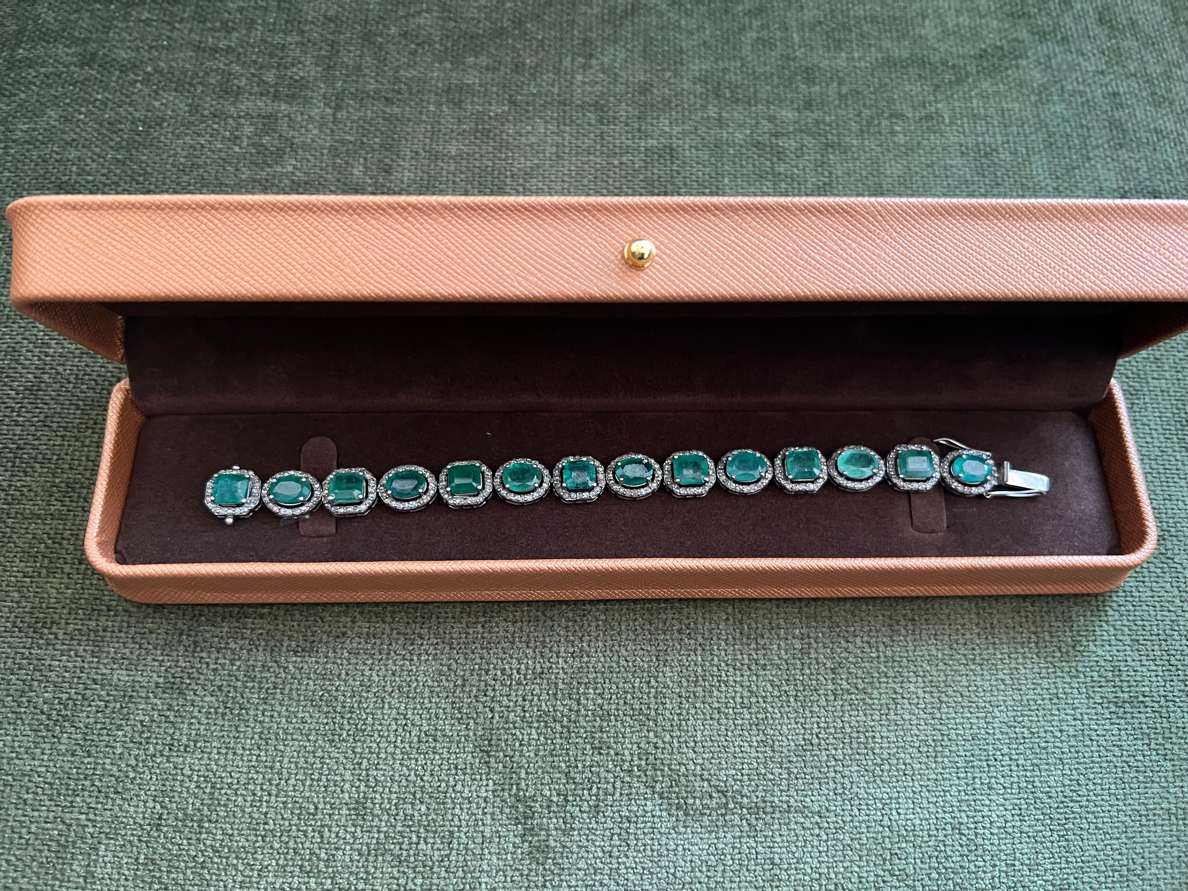 Taille émeraude Bochic “Capri” Natural Zambian Emerald & Diamond Bracelet Set 18K Gold & Silver en vente