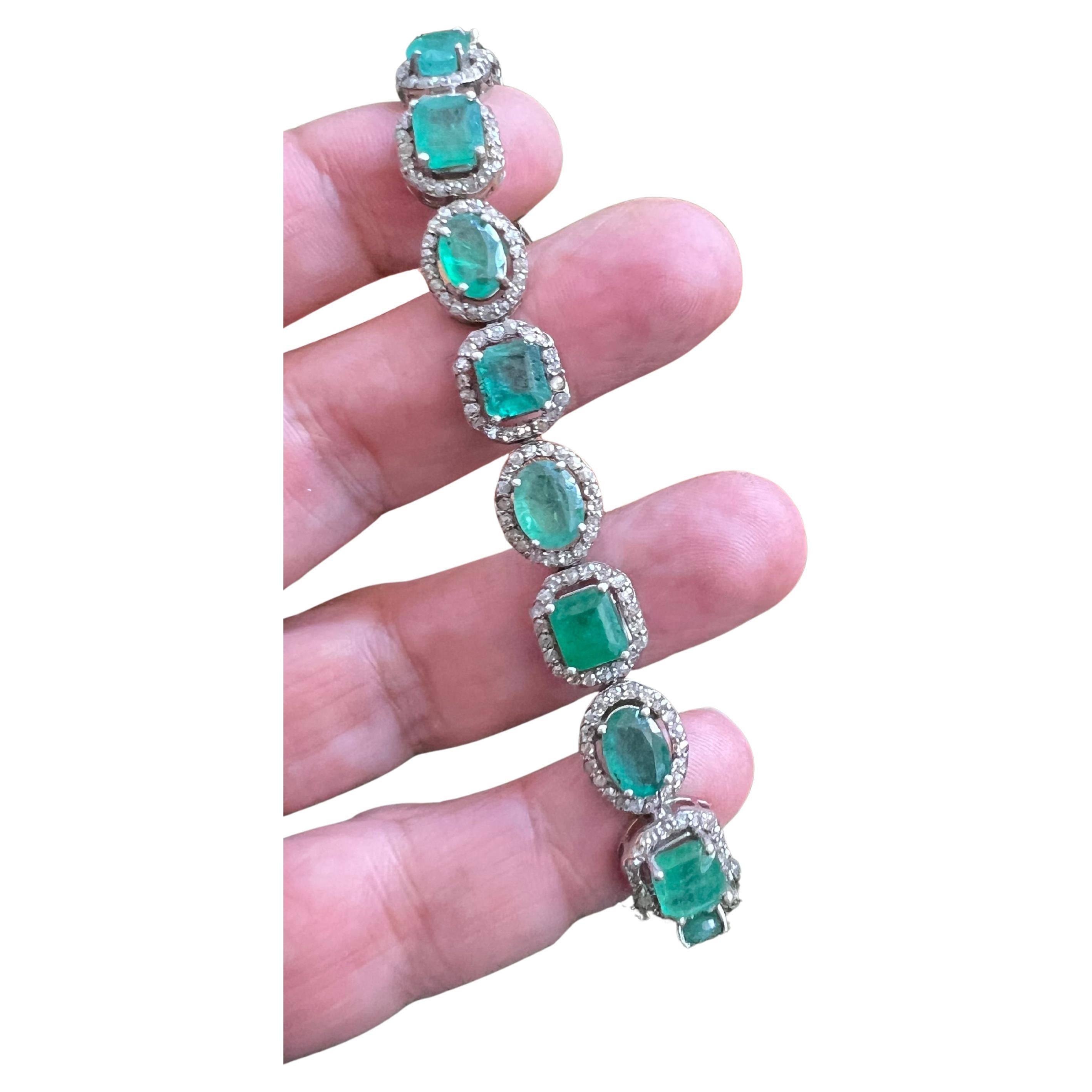 Bochic “Capri” Natural Zambian Emerald & Diamond Bracelet Set 18K Gold & Silver en vente