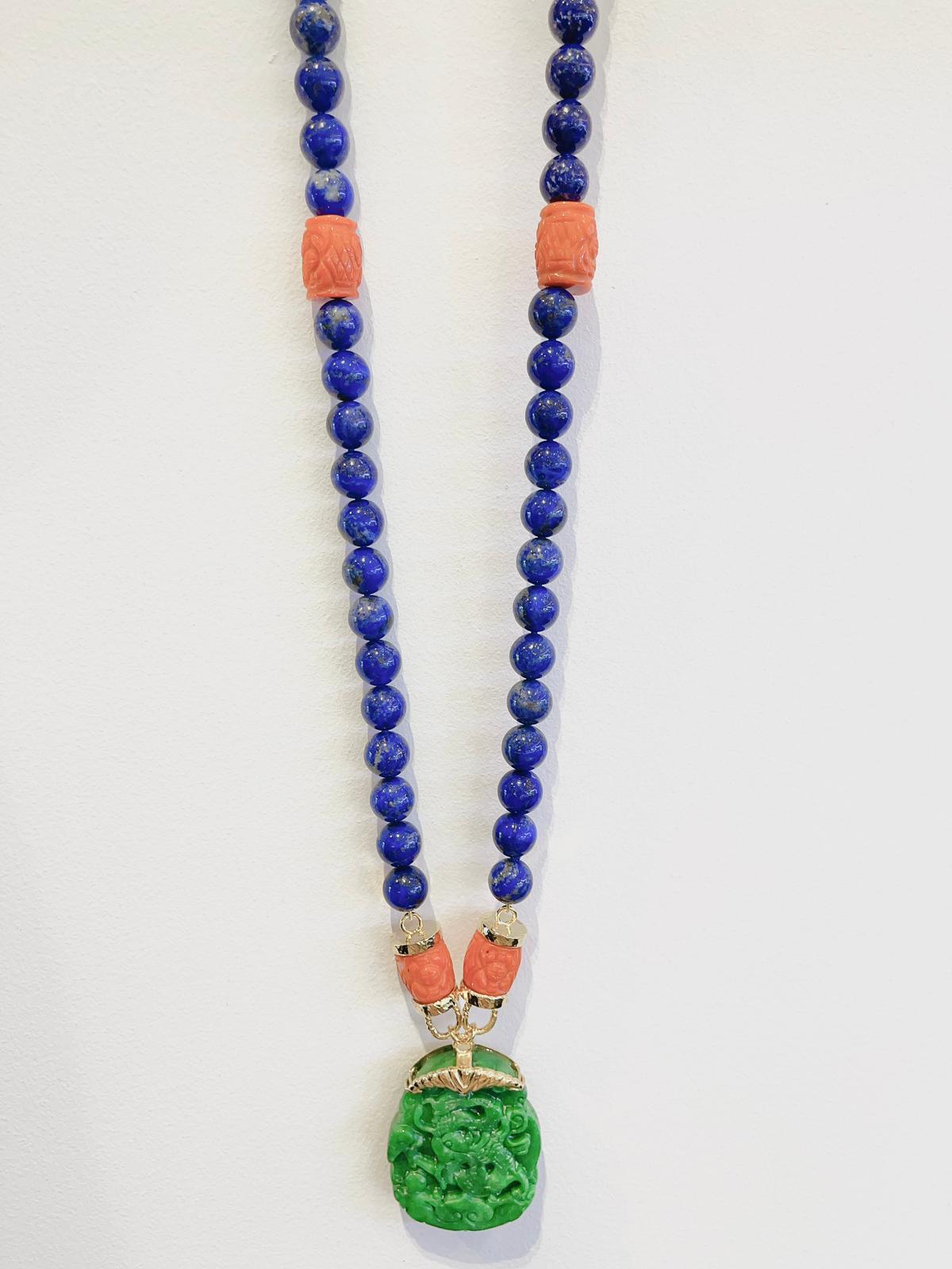 Baroque Bochic “Orient ” Necklace,  Green Jade, Coral & Lapis Set In 22K Gold & Silver  For Sale