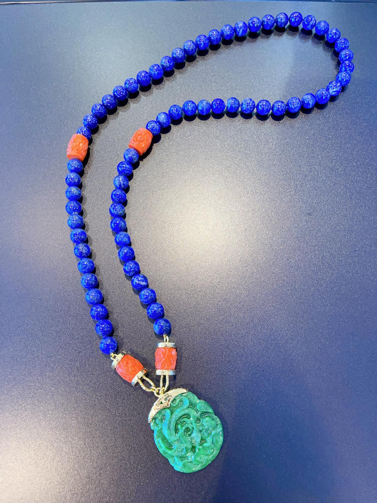 Bead Bochic “Orient ” Necklace,  Green Jade, Coral & Lapis Set In 22K Gold & Silver  For Sale