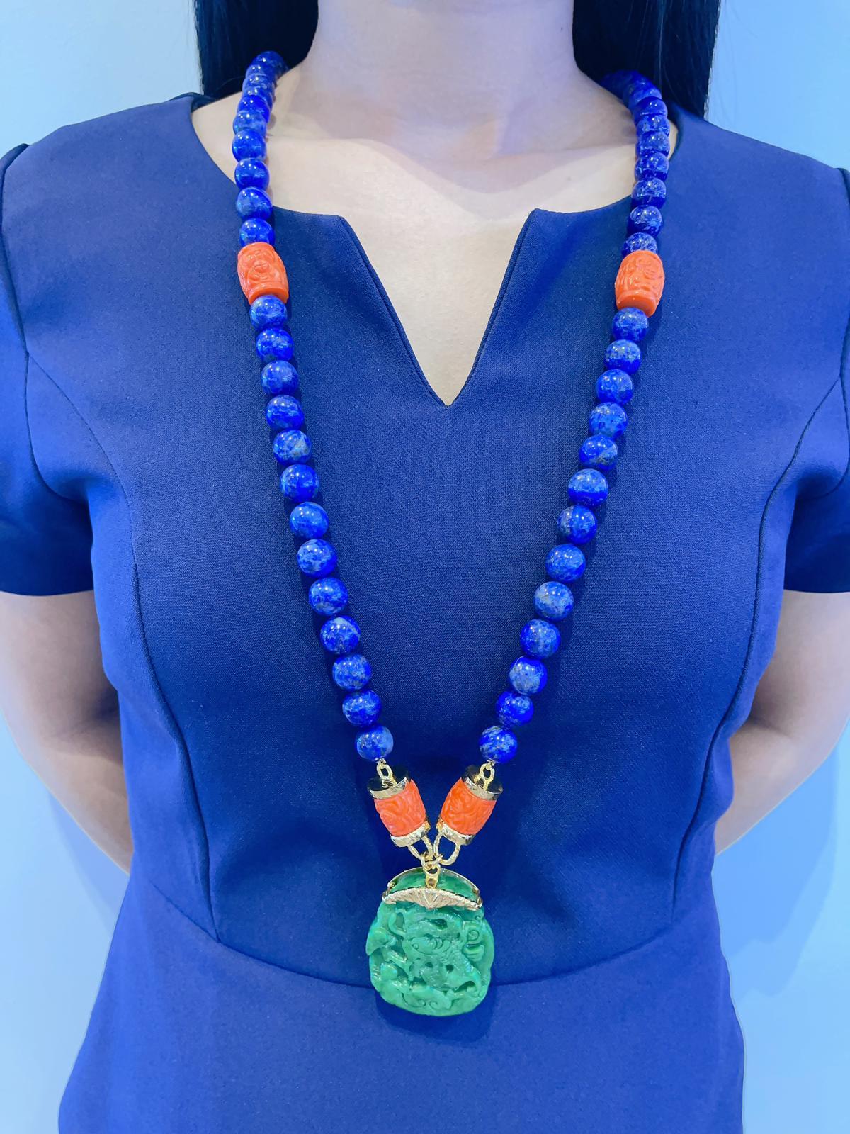Bochic “Orient ” Necklace,  Green Jade, Coral & Lapis Set In 22K Gold & Silver  In New Condition For Sale In New York, NY