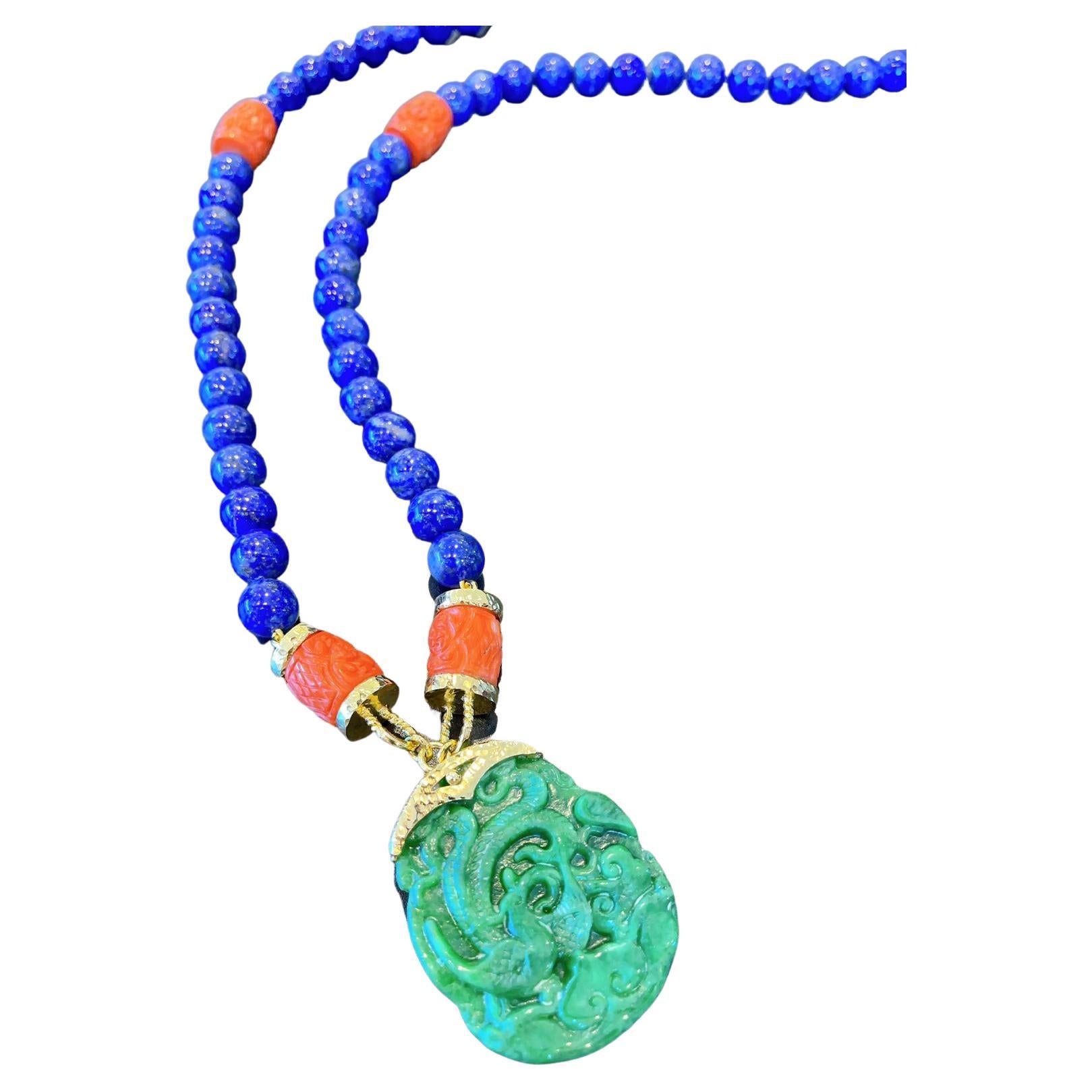 Bochic “Orient ” Necklace,  Green Jade, Coral & Lapis Set In 22K Gold & Silver  For Sale
