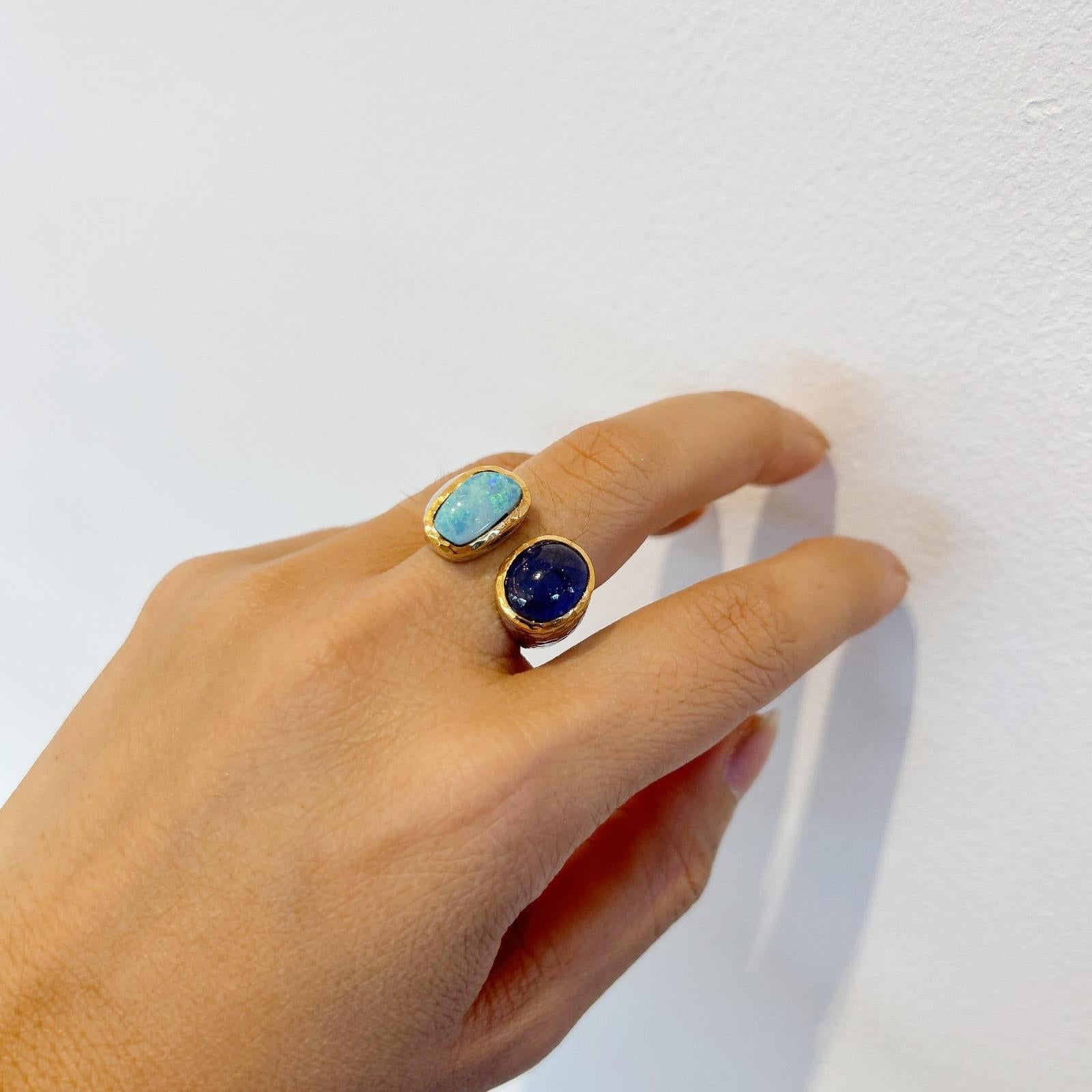 Bochic “Capri” Opal & Blue Sapphire Cocktail Ring Set In 18K Gold & Silver 
Blue Sapphire from Sri Lanka - 3.5 Carat 
Cabochon shape 
Blue Opal from Australia - 2 Carat 
Cabochon shape 
The Ring from the 