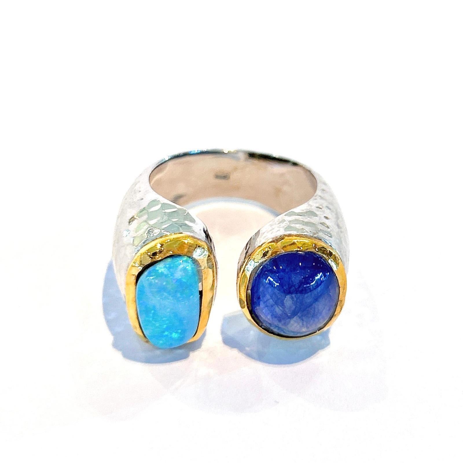 Belle Époque “Capri” Opal & Blue Sapphire Cocktail Ring Set in 18k Gold & Silver For Sale