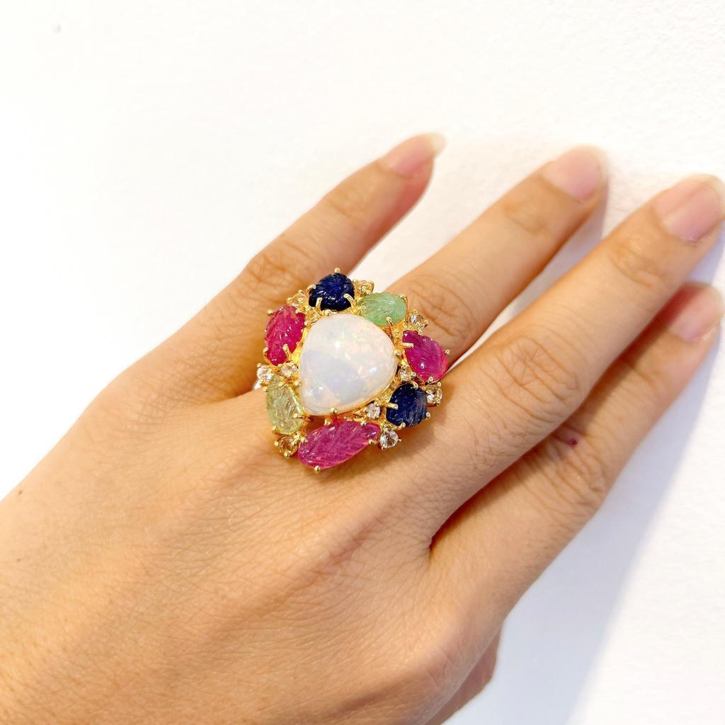 Bochic “Capri” Opal & Multi Color Sapphire Cocktail Ring Set In 18K Gold & Silver 
Multi natural gem Ring 
Beautiful Natural Opal - 5 carats
Natural Multi Color Sapphires from Sri Lanka, Emeralds from Zambia and Rubies  - 7 carats 
This Ring is