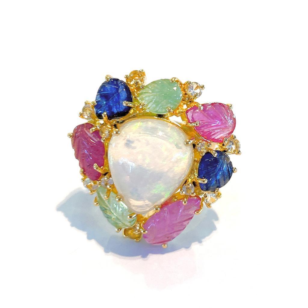 Baroque Bochic “Capri” Opal & Multi Color Sapphire Cocktail Ring Set 18K Gold & Silver For Sale