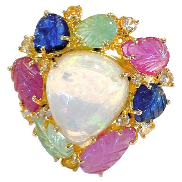 Bochic “Capri” Opal & Multi Color Sapphire Cocktail Ring Set 18K Gold & Silver