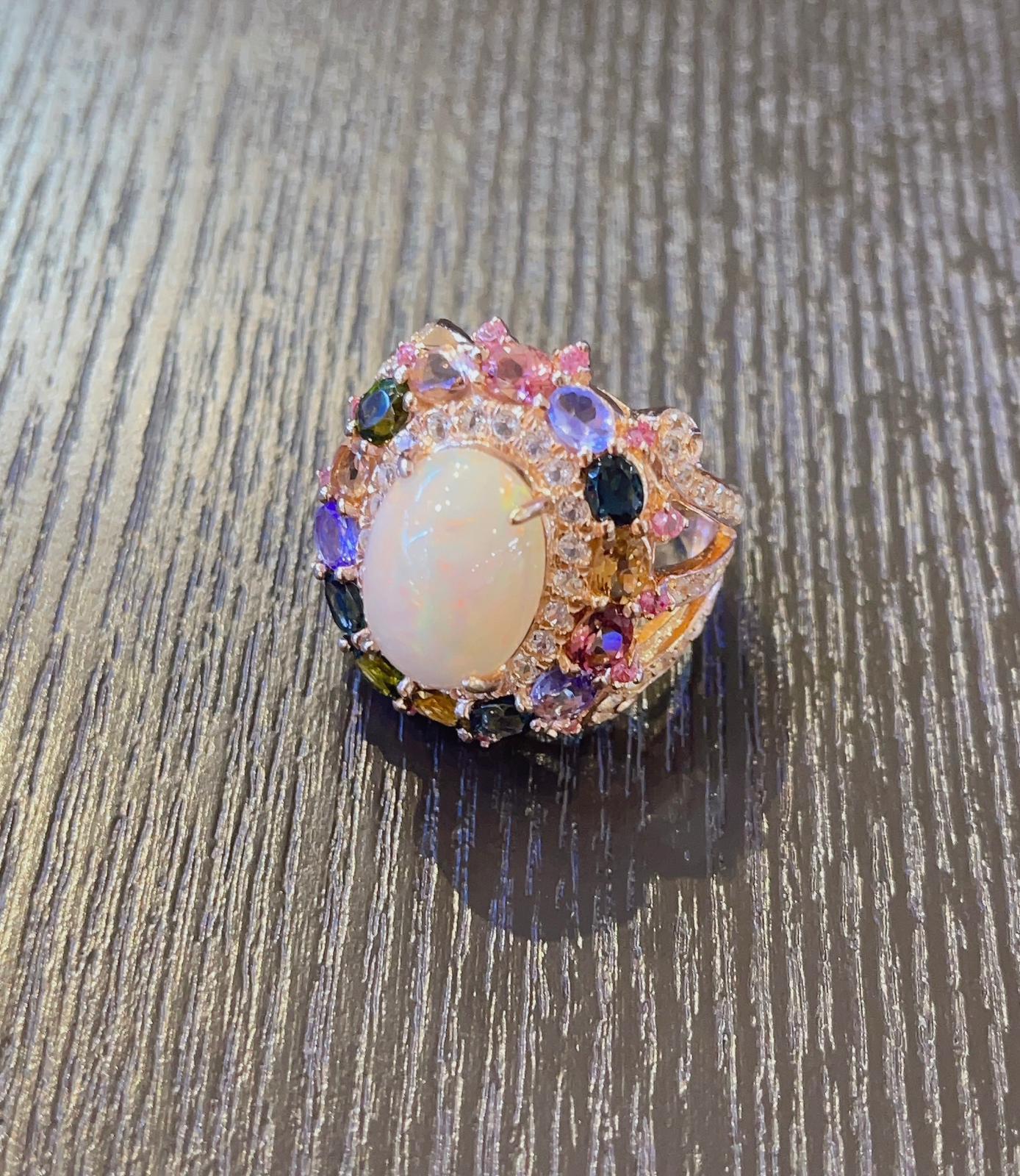 Brilliant Cut Bochic “Capri” Opal & Multi Color Sapphire Cocktail Ring Set 22k Gold & Silver For Sale