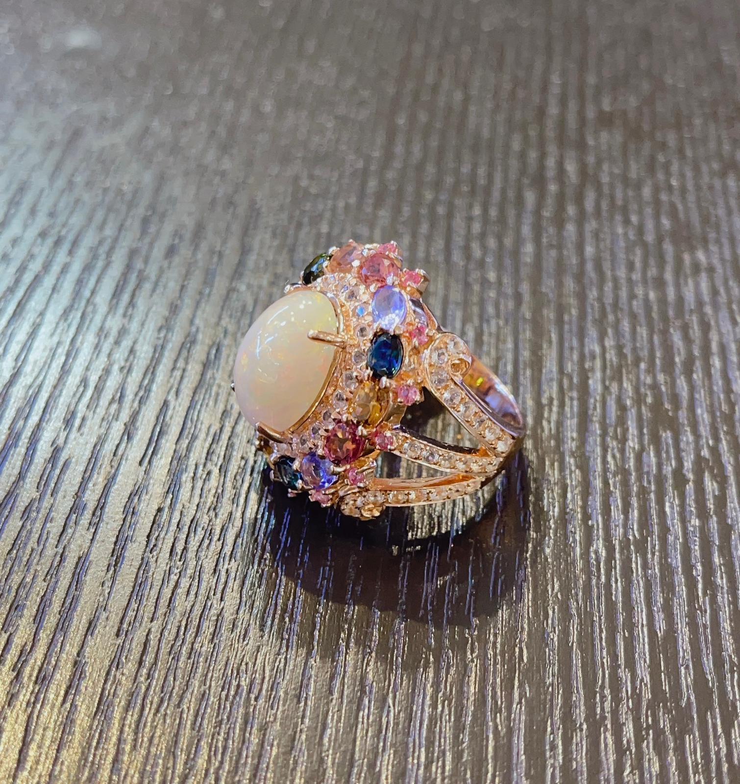 Bochic “Capri” Opal & Multi Color Sapphire Cocktail Ring Set 22K Gold & Silver
Multi natural gem Ring 
Beautiful Natural Opal - 9 carats
White/Cream Color with Pink and Orange tones 
Natural Multi Color Sapphires and Tourmaline from Sri Lanka and