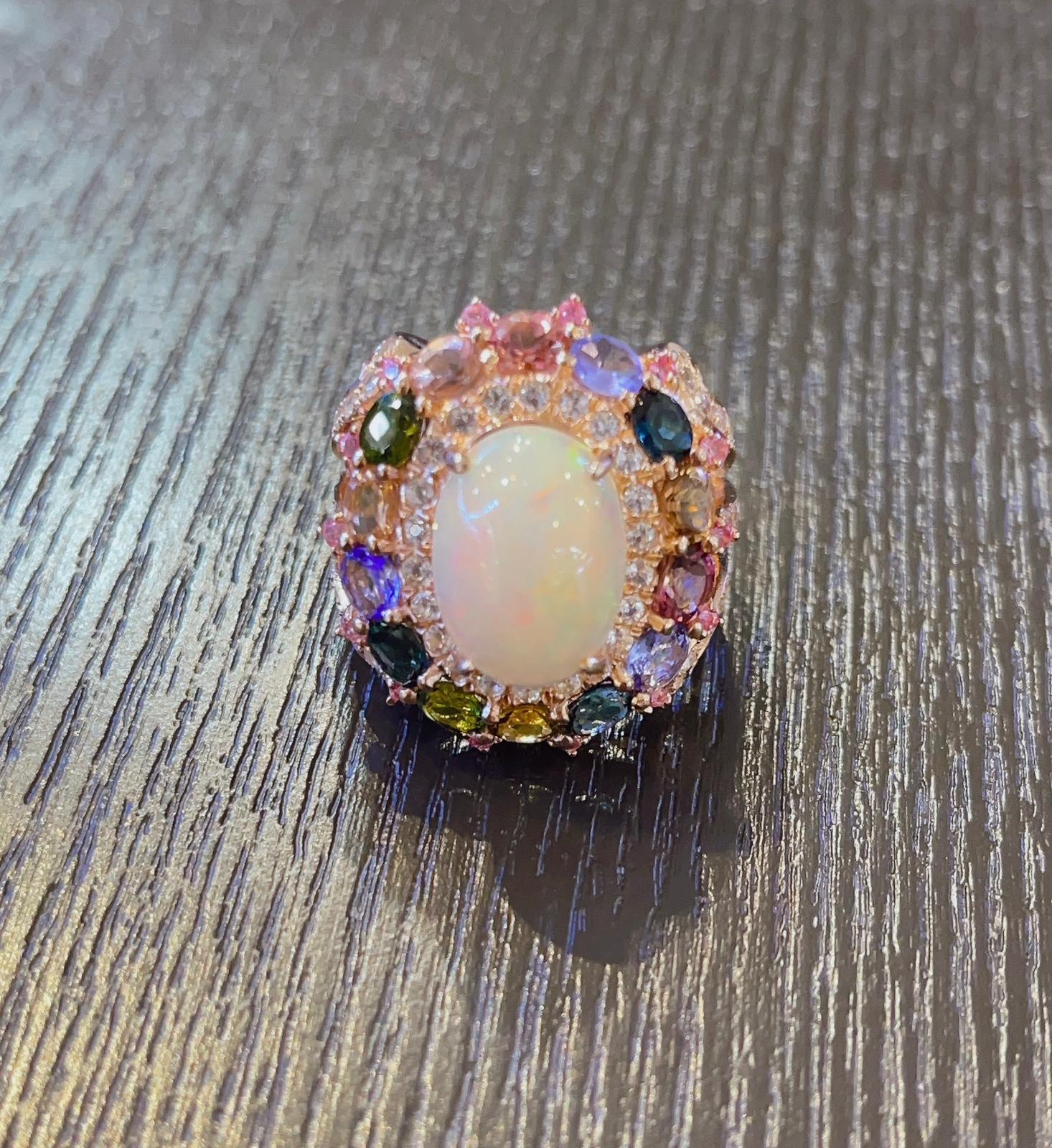 Bochic “Capri” Opal & Multi Color Sapphire Cocktail Ring Set 22k Gold & Silver For Sale 2