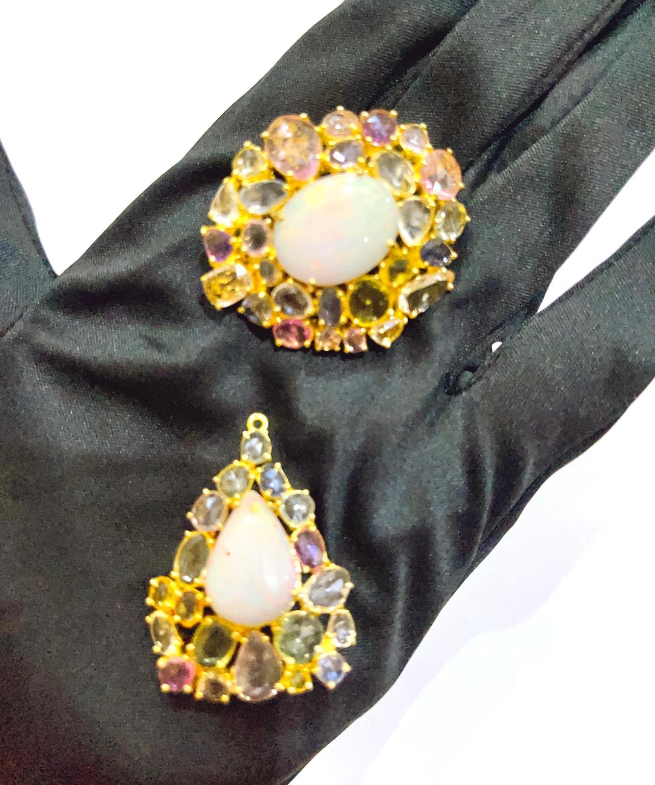 Belle Époque “Capri” Opal & Multi Fancy Rose Sapphires Pendant Set 18k Gold & Silver For Sale