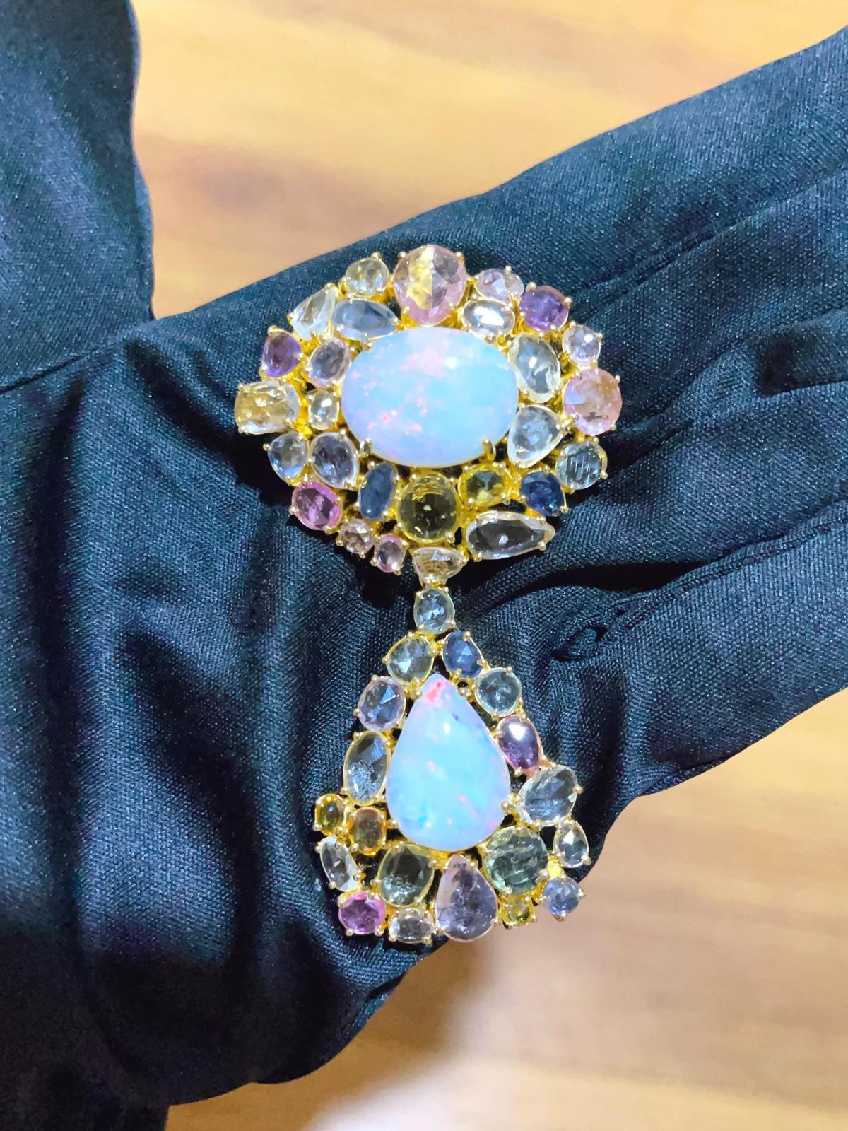 Brilliant Cut “Capri” Opal & Multi Fancy Rose Sapphires Pendant Set 18k Gold & Silver For Sale