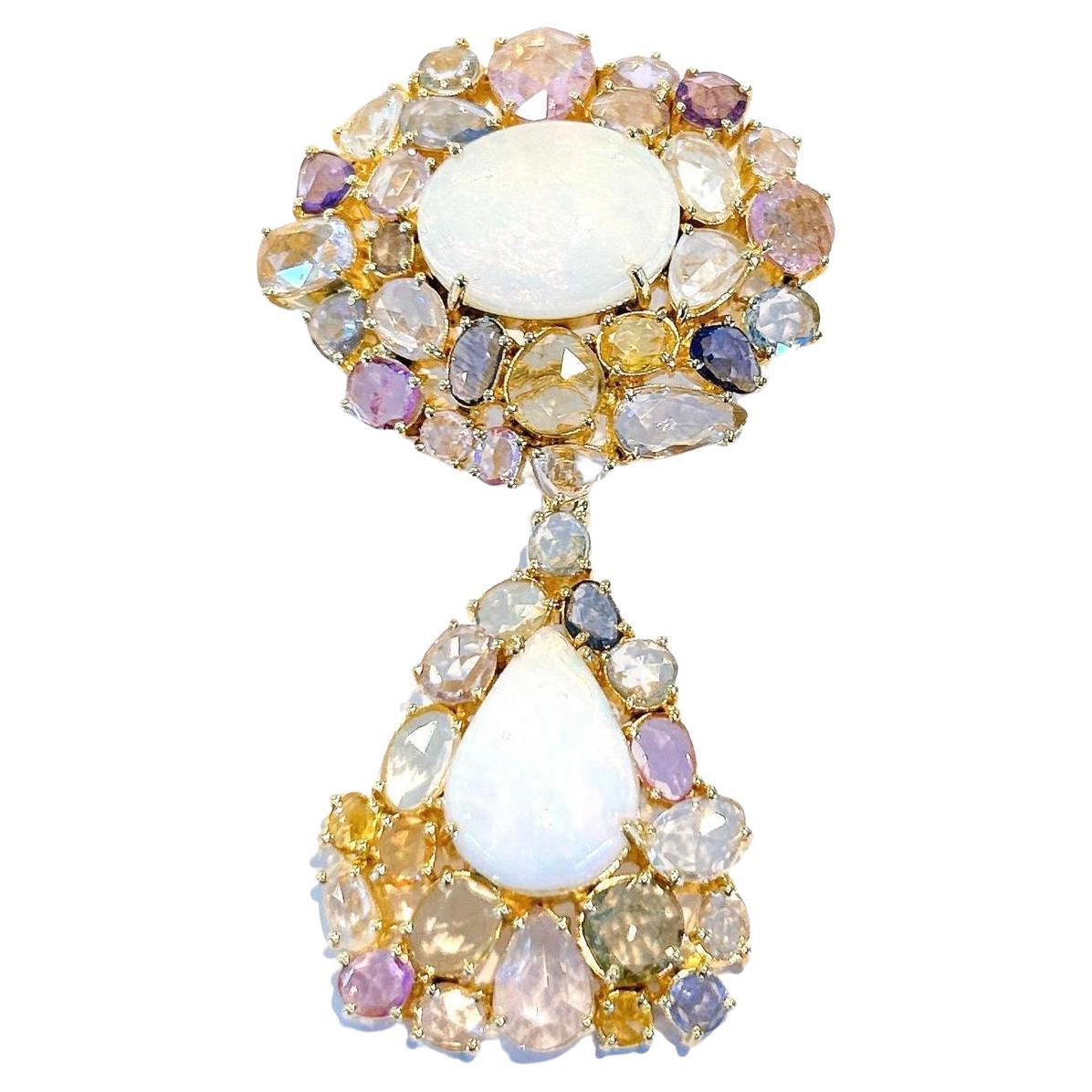 “Capri” Opal & Multi Fancy Rose Sapphires Pendant Set 18k Gold & Silver For Sale