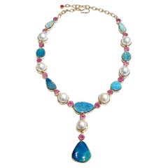 Bochic “Capri” Vintage Opal, Natural Ruby & Pearl Necklace 18K & Silver