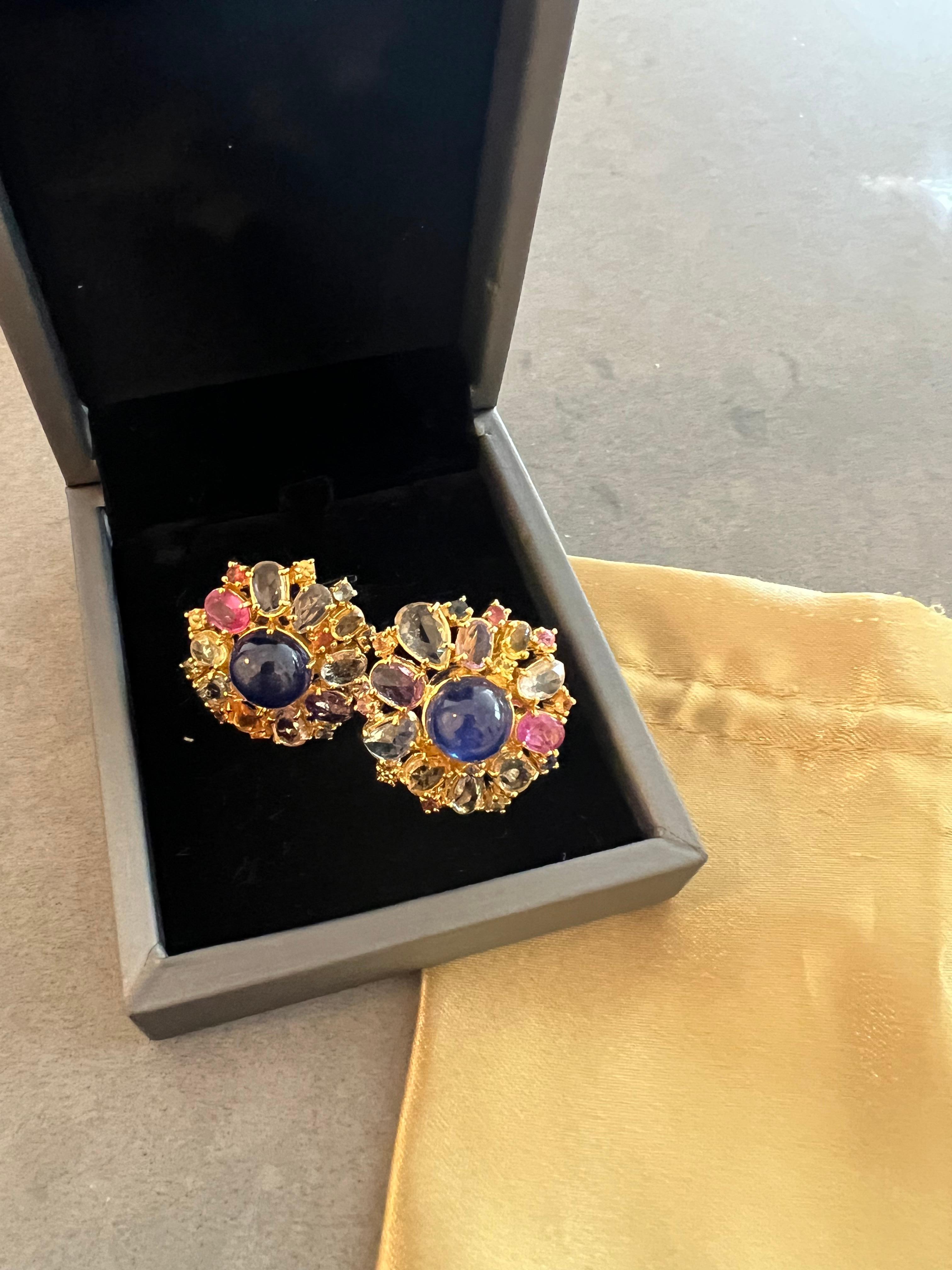 Bochic “Capri” Opal & Rose Cut Fancy Sapphire Earrings Set in 18k Gold & Silver For Sale 1