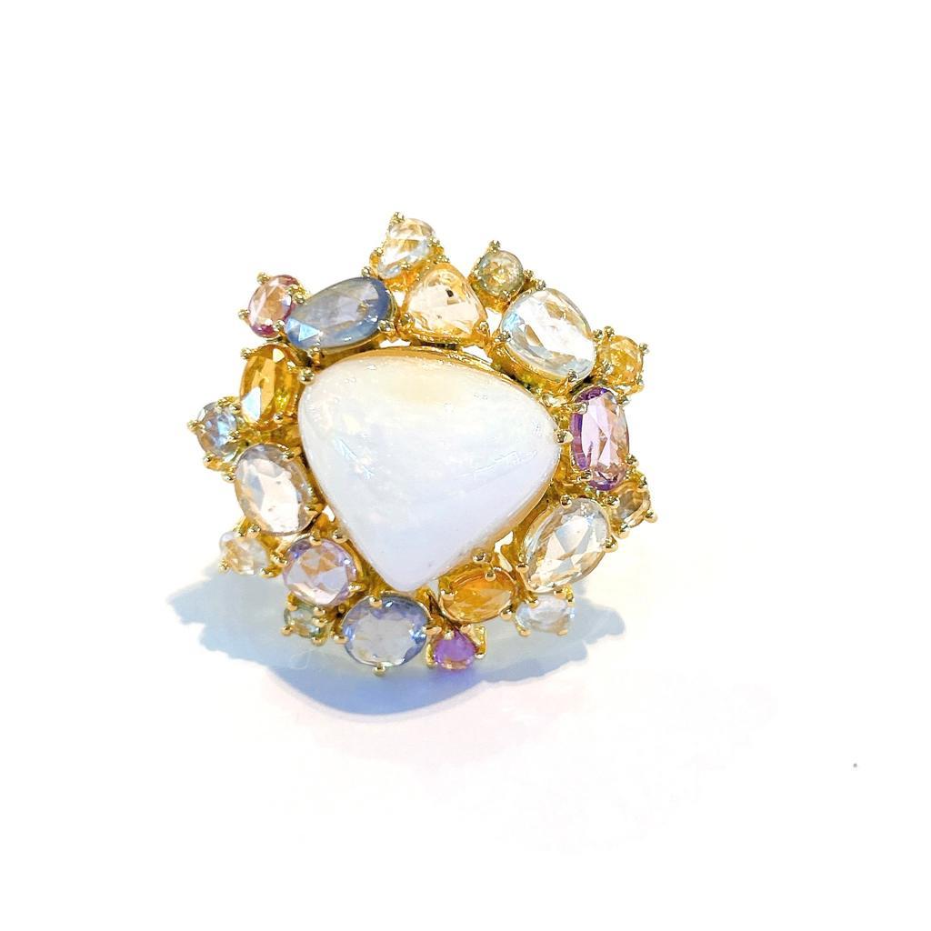 Bochic “Capri” Opal & Rose Cut Sapphire Cocktail Ring Set In 18K Gold & Silver 
White Opal with pink and cream tones 
7 carat 
Rose cut Fancy Sapphires from Sri Lanka 
6 carat 
Colors: Pink, Light Pink, Light Blue, Light Purple, Yellow, Rose, Light