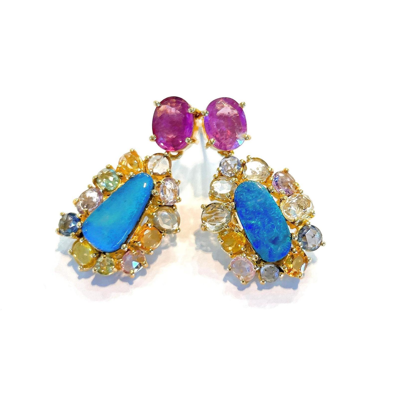 Baroque Bochic “Capri” Opal, Rose Cut Sapphires & Pearl Earrings Set 18K Gold & Silver  For Sale