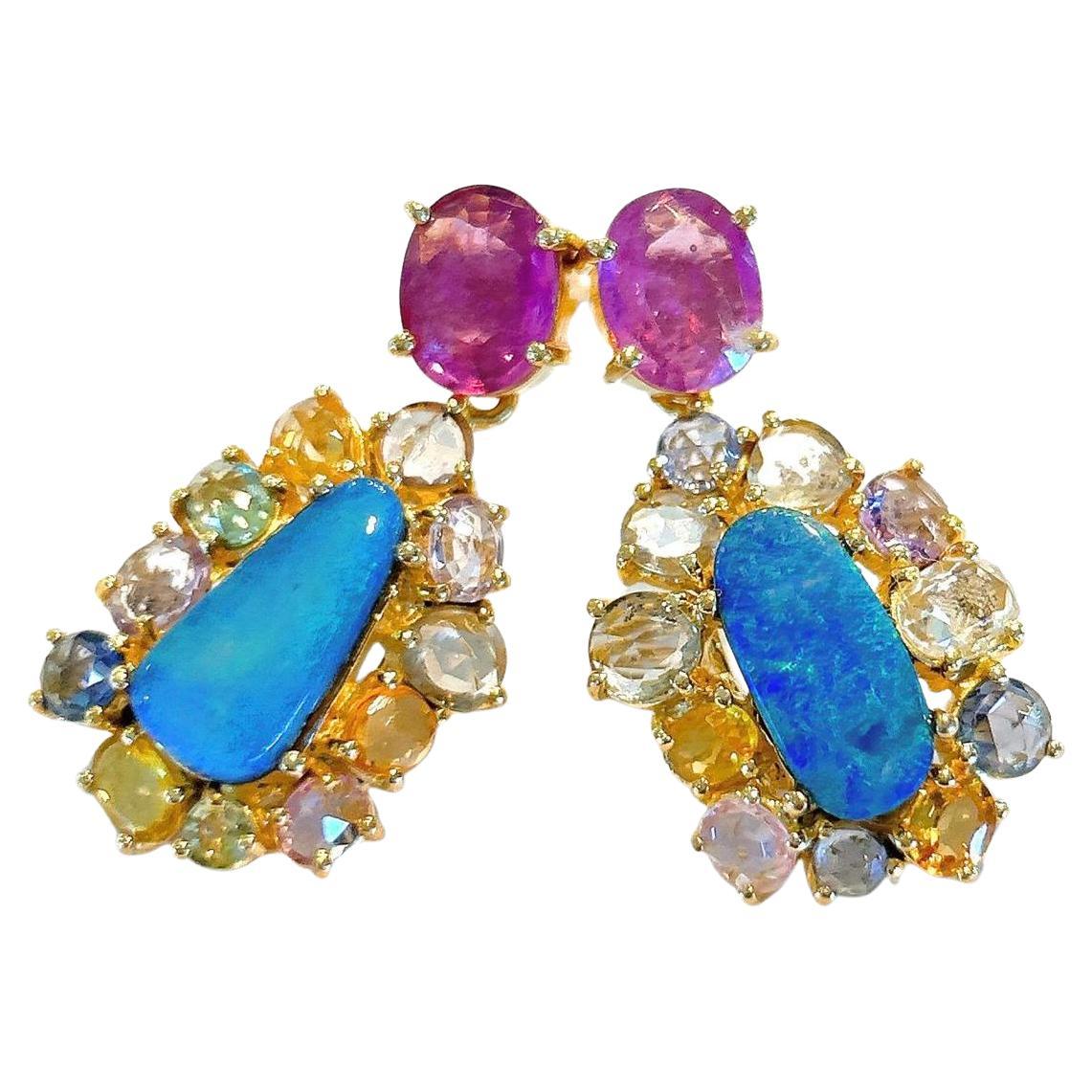Bochic “Capri” Opal, Rose Cut Sapphires & Pearl Earrings Set 18K Gold & Silver  For Sale