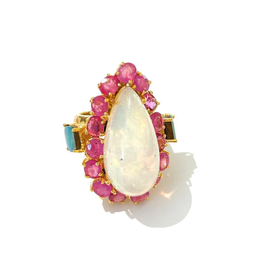 Bochic “Capri” Opal & Ruby Cocktail Ring Set In 18 K Gold & Silver In New Condition In New York, NY
