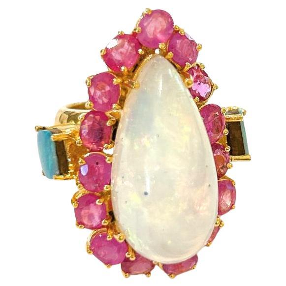 Bochic “Capri” Opal & Ruby Cocktail Ring Set In 18 K Gold & Silver 