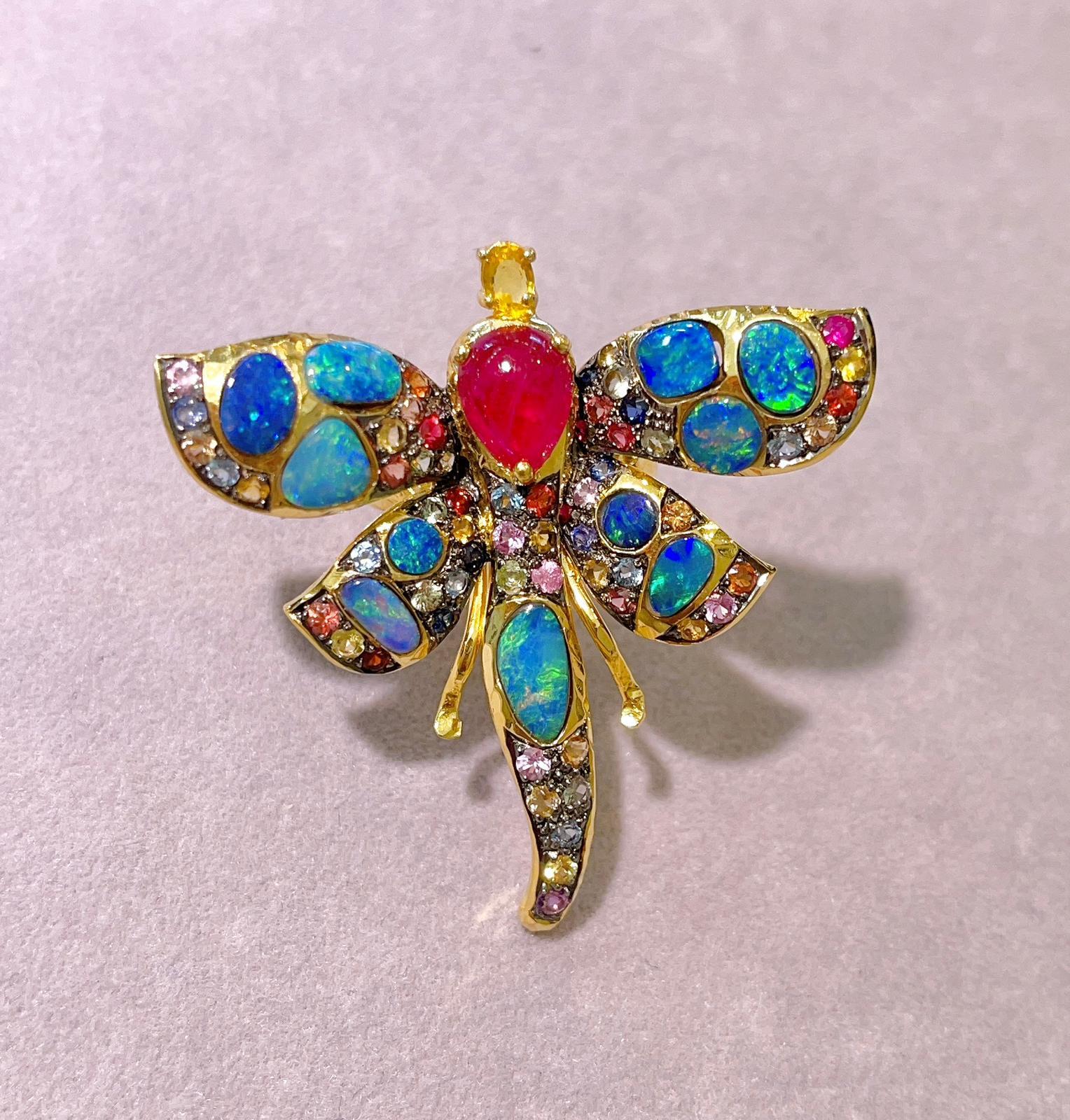Cabochon Bochic “Capri” Opal & Ruby & Sapphire Cocktail Ring Set in 22k Gold & Silver For Sale