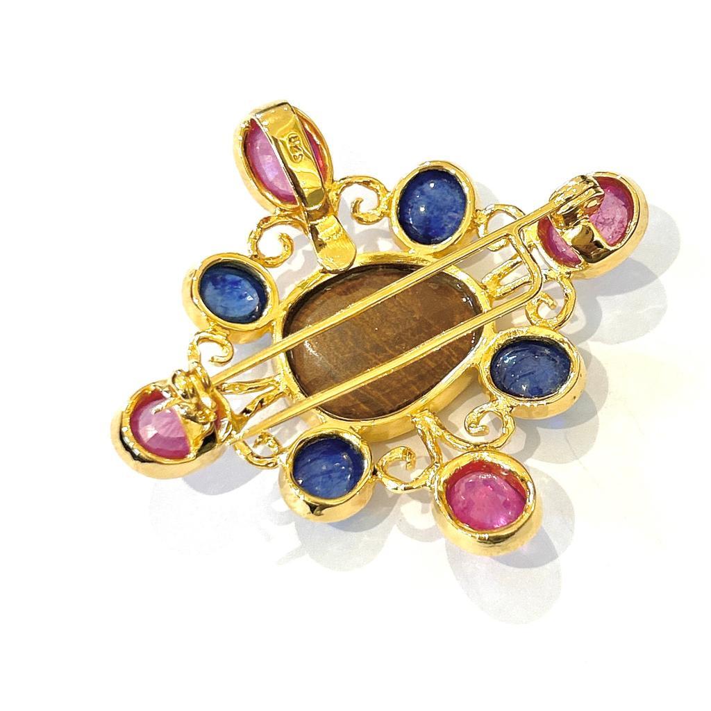 Baroque Bochic “Capri” Opal, Sapphire & Ruby Brooch Set In 18K Gold & Silver  For Sale