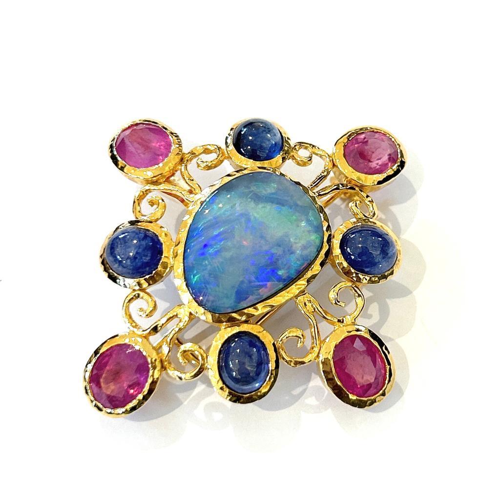 Brilliant Cut Bochic “Capri” Opal, Sapphire & Ruby Brooch Set In 18K Gold & Silver  For Sale