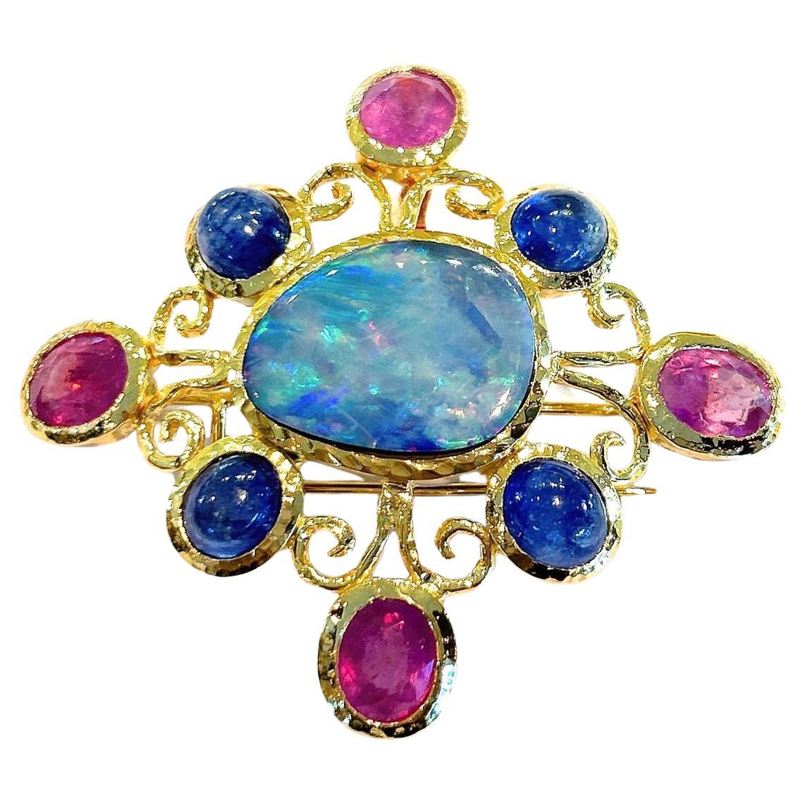 Bochic “Capri” Opal, Sapphire & Ruby Brooch Set In 18K Gold & Silver  For Sale