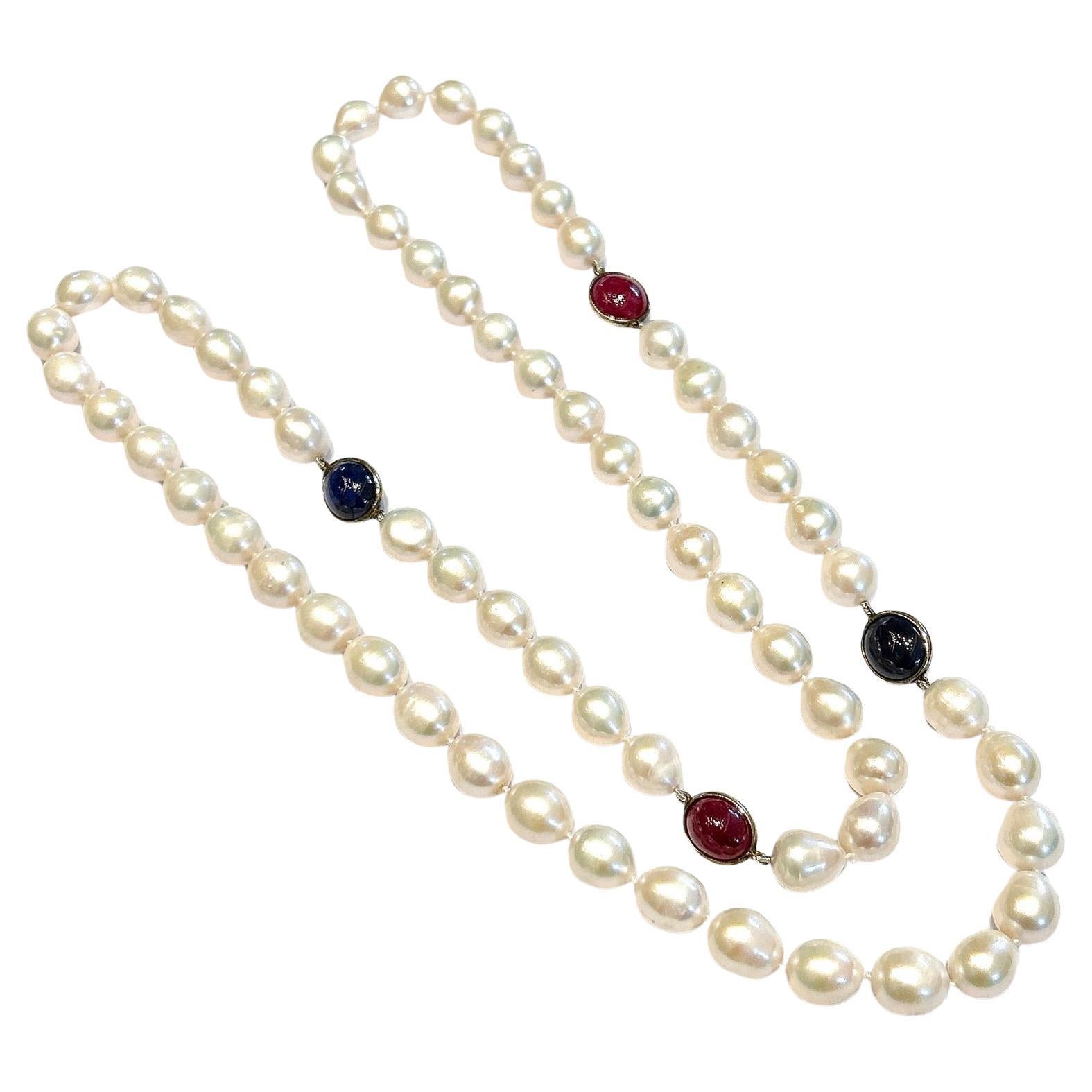 Collar Largo Bochic "Capri" Perla, Zafiro Azul, Rubí Rojo y Mezcla de Gemas