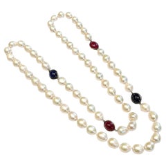 Bochic “Capri” Pearl, Blue Sapphire, Red Ruby & Mix Gems Long Necklace