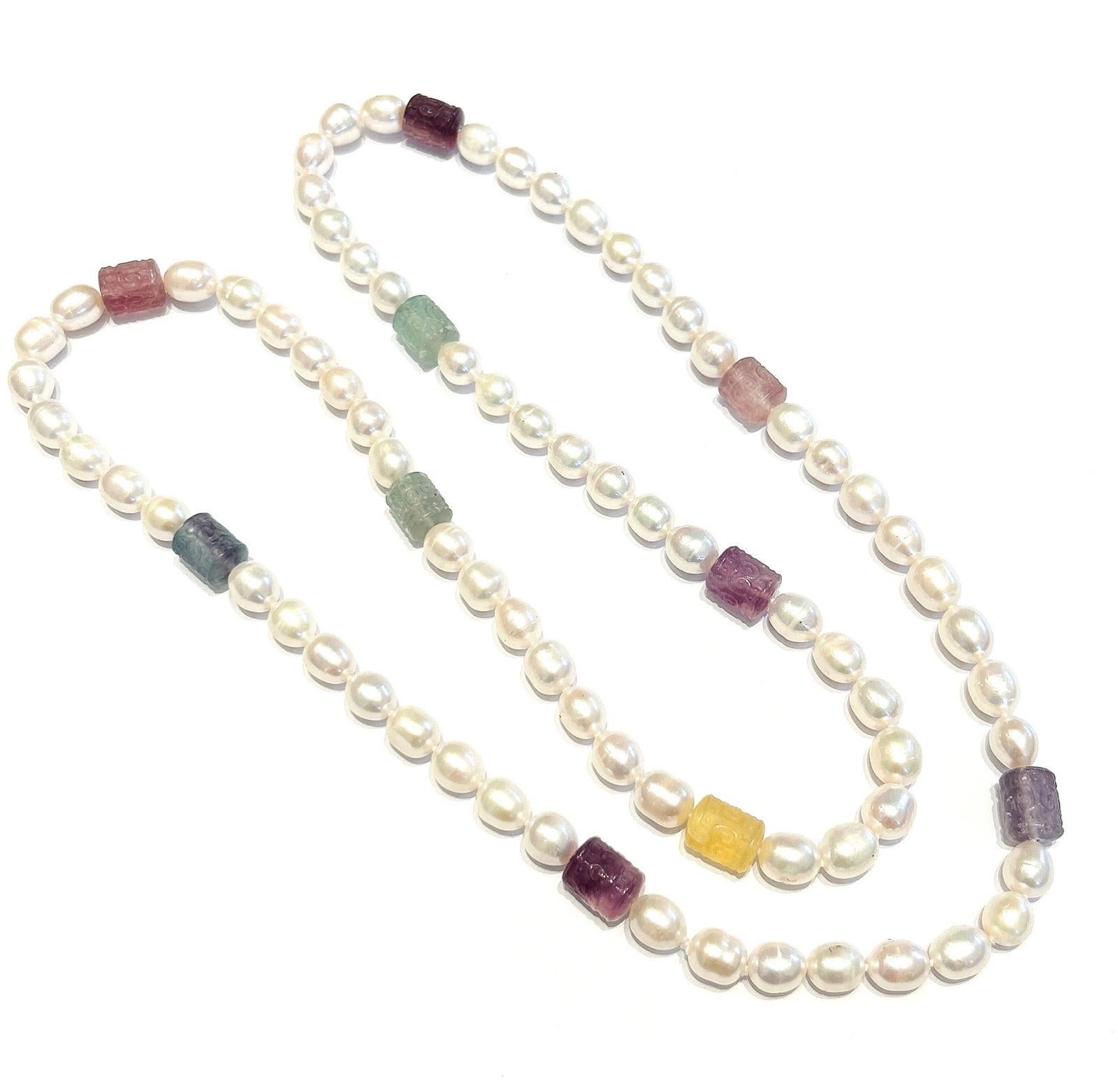 Perlina Collana lunga di perle, fluoruro multicolore e gemme miste 