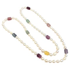 Bochic “Capri” Pearl, Multi Color Fluoride , & Mix Gems Long Necklace