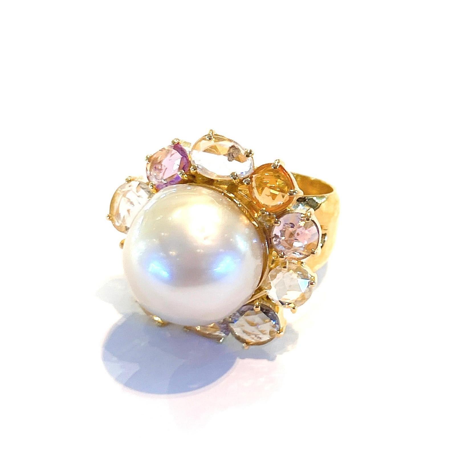 Bochic “Capri” Pearl & Multi Color Rose Cut Sapphires Set In 18K Gold & Silver 
Round white pearl with pink tone 
Multi fancy colors sapphires from Sri Lanka
Rose cut round and oval shapes 
Colors are beautiful pastels - Light Pink, Golden, Rose,