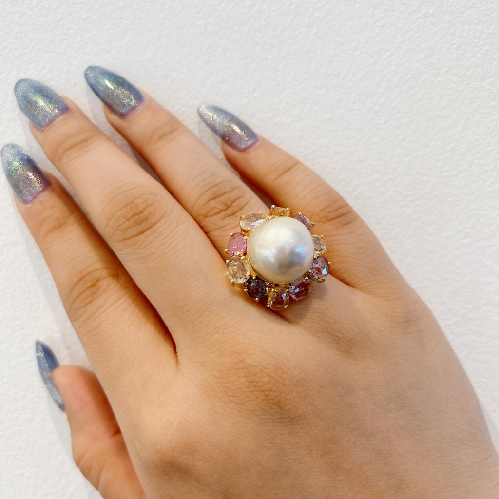 Belle Époque Bochic “Capri” Pearl & Multi Color Rose Cut Sapphires Set In 18K Gold & Silver  For Sale