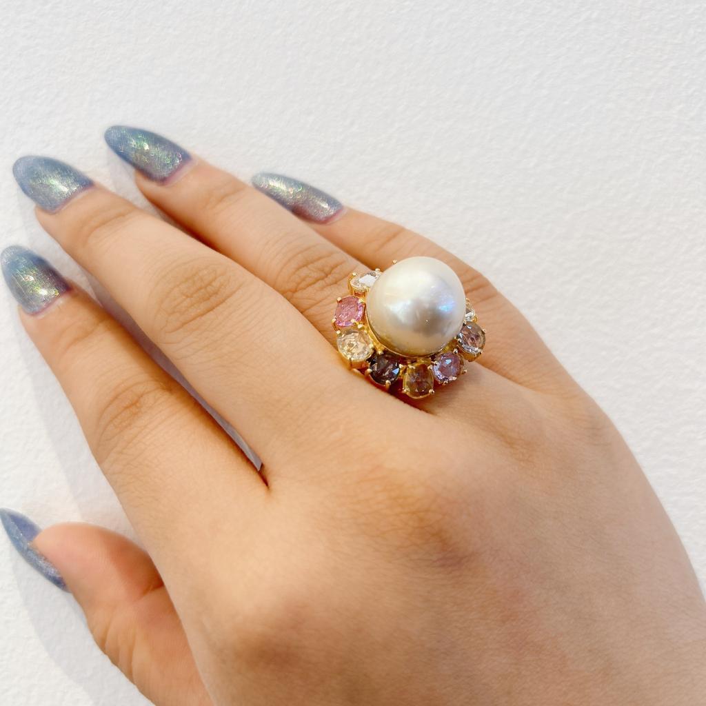Women's Bochic “Capri” Pearl & Multi Color Rose Cut Sapphires Set In 18K Gold & Silver  For Sale