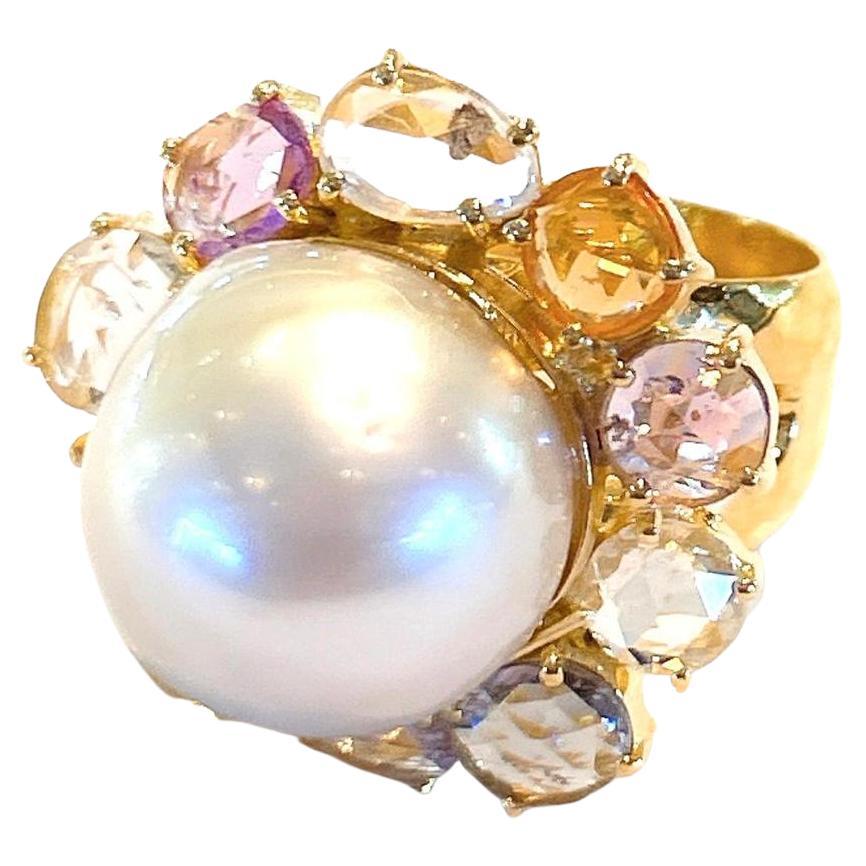 Bochic “Capri” Pearl & Multi Color Rose Cut Sapphires Set In 18K Gold & Silver  For Sale