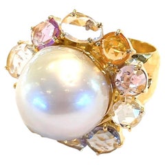 Bochic Collier de perles Capri et de saphirs de taille rose multicolores en or et argent 18 carats 