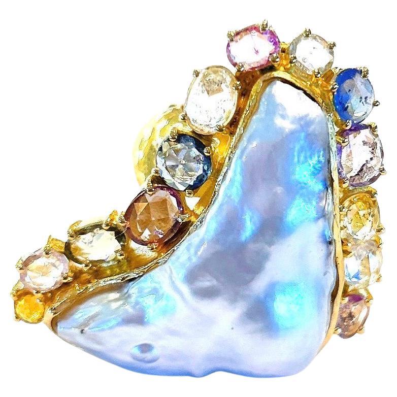 Bochic “Capri” Pearl & Multi Color Rose Cut Sapphires Set In 18K Gold & Silver  For Sale