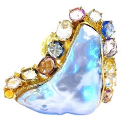 Bochic “Capri” Pearl & Multi Color Rose Cut Sapphires Set In 18K Gold & Silver 