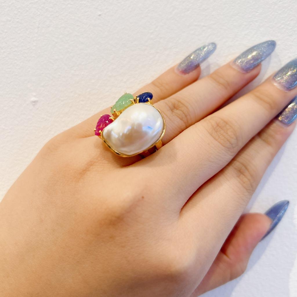 Baroque Bochic “Capri” Pearl, Ruby, Sapphire & Emerald Ring Set In 18K Gold & Silver