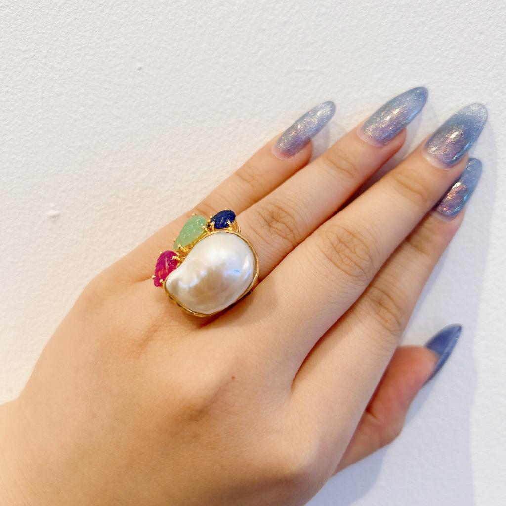 Cabochon Bochic “Capri” Pearl, Ruby, Sapphire & Emerald Ring Set In 18K Gold & Silver