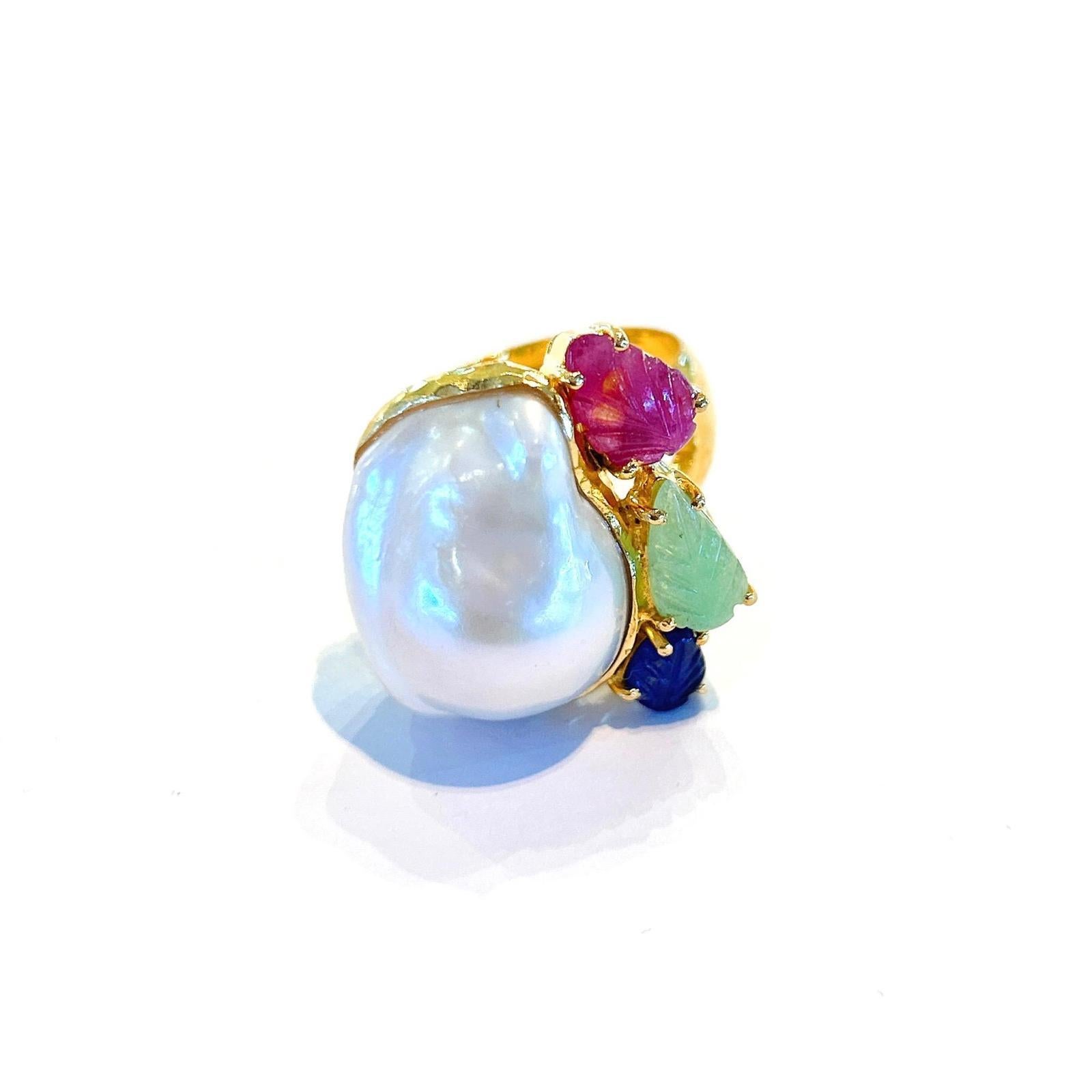 Bochic “Capri” Pearl, Ruby, Sapphire & Emerald Ring Set In 18K Gold & Silver In New Condition In New York, NY